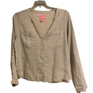 Isaac Mizrahi Khaki Color Linen Button Down Shirt Size XL